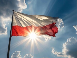 Polish Flag and Sunflare in Blue Sky - obrazy, fototapety, plakaty