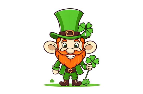An illustrated leprechaun in green attire holding a shamrock, with a cheerful expression, embodying Irish folklore.