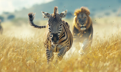 Beautiful telephoto lens shot of a zebra running on camera with a Lion male chasing it behind. Animals moving by the high dry grass in African Savanna. Predator and pray concept image. - Powered by Adobe