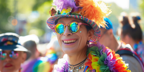 Happy elder trans woman smiling wear a crazy hat and enjoy the pride parade with lmbtq flags