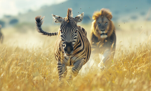 Beautiful telephoto lens shot of a zebra running on camera with a Lion male chasing it behind. Animals moving by the high dry grass in African Savanna. Predator and pray concept image.
