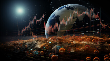 Futuristic Financial Data Overlaid on Global Landscape