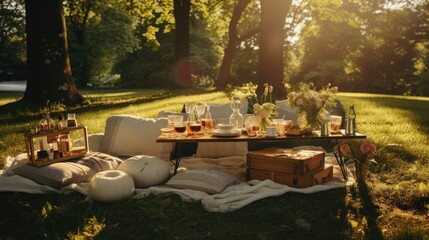 A photo of a bohochic picnic in the park