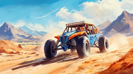 A photo of a desert dune buggy racing across the sand with distant mountains backdrop