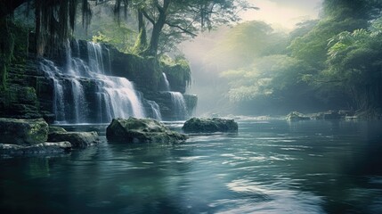 A photo of a lagoon with a waterfall