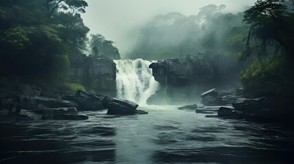 A photo of a lagoon with a small waterfall - obrazy, fototapety, plakaty