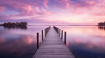 A photo of a lagoon with a wooden boardwalk - obrazy, fototapety, plakaty