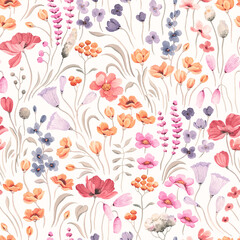 Floral pattern of colorful delicate wildflowers in rustic style, seamless watercolor illustration on ivory background summer floral field for textile, wallpapers or nature background.