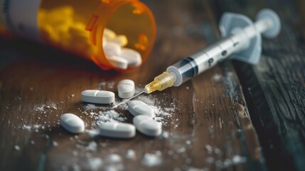 A scattered arrangement of pills, a pill bottle, and a syringe on a wooden background. The image serves as a visual representation of the opioid and drug crisis