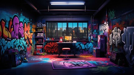 A photo of a studio with an urban graffiti backdrop