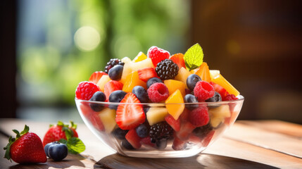 A fruit salad in a bowl on the wood table. - obrazy, fototapety, plakaty