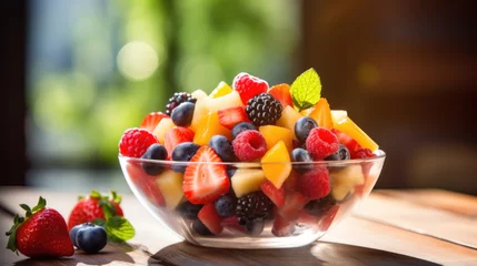 Foto op Plexiglas A fruit salad in a bowl on the wood table. © Wararat
