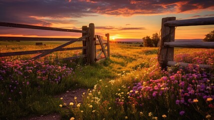 A photo of a weathered wooden gate in a wildflower field