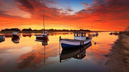A photo of an estuary with fishing boats
