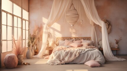 A photo of a bohemian style bedroom