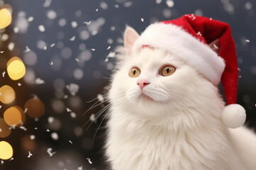 Cat wearing red Santa Claus hat. Christmas cat. Santa's helper. White Cat with Santa red hat on snow background.