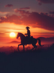 Obraz na płótnie Canvas cowboy riding horse at sunset