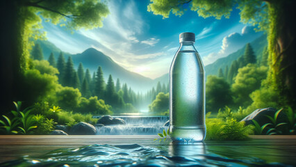 generic mineral glass water bottle placed in the middle of nature