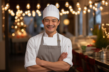 Portrait of a smiling male chef with cooked food standing in the kitchen - 742895640