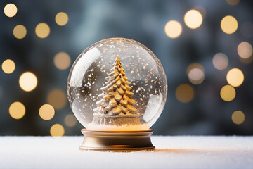 Shiny Christmas Tree In Snow Globe On Snow With Golden Lights  - 742895834