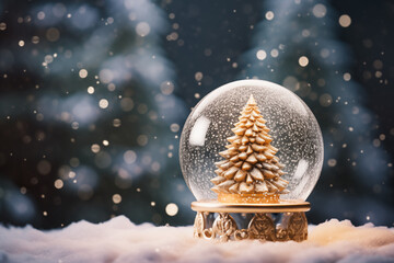 Shiny Christmas Tree In Snow Globe On Snow With Golden Lights  - 742895839