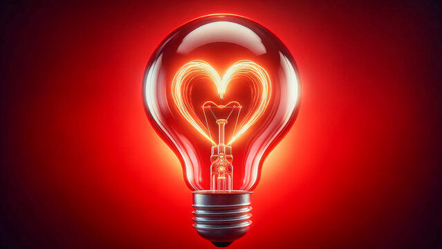 light bulb with a filament shaped like a heart, against a pink background.