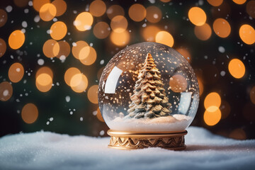 Shiny Christmas Tree In Snow Globe On Snow With Golden Lights  - 742896079