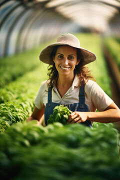 A happy farmer woman working inside agricultural greenhouse.