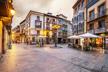 The illuminated old town of Oviedo in the evening, Asturias, Spain