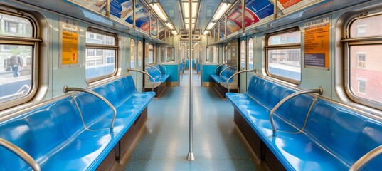 Obraz na płótnie Canvas Interior of empty subway car showing seats and poles for urban transportation concept.