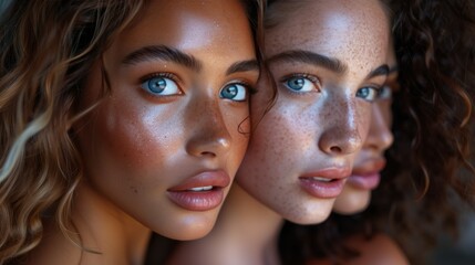 Fototapeta premium Studio headshot of beautiful multiethnic girls with natural beauty and glowing smooth skin.