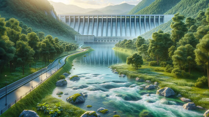 landscape featuring a clear, flowing river with a hydroelectric power station in the background.