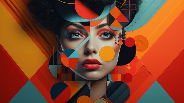 Abstract Portrait of a Woman with Colorful Geometric Face Paint Design