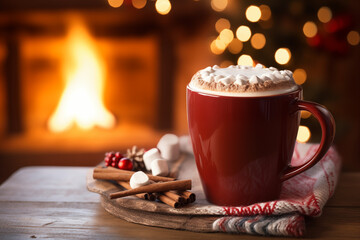 Steaming hot caramel latte in glass mug on wooden background, cinnamon sticks, christmas mood