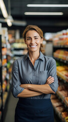 Naklejka premium A happy woman shop or supermarket owner with arms crossed.