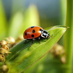 Fototapeta premium A ladybug on a leaf in the field.