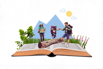 Composite collage image of big book read adventure genre travelers nature explore discovery students unusual fantasy billboard comics