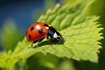Fototapeta premium A ladybug on a leaf in the field.