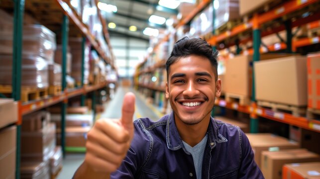 Young cheerful latino or hispanic man smiling at camera with toothy smile and his thumbs up at warehouse distribution packaging centre for logistics and delivery purposes