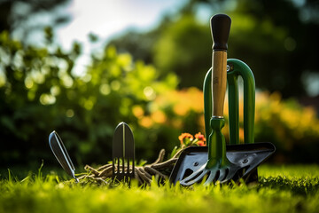 Gardening - Set Of Tools For Gardener And Flowerpots In Sunny Garden On the grass  - 742898202