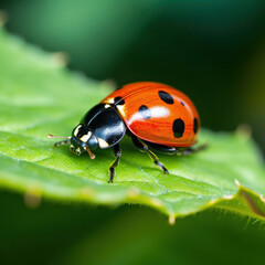 Obraz premium A ladybug on a leaf in the field.