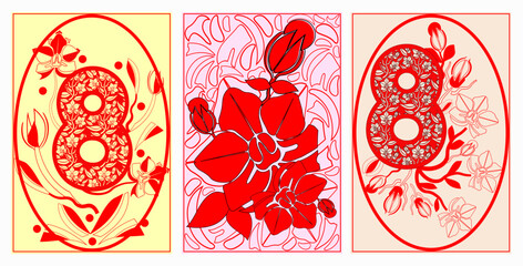 Set of postcards with floral patterns. Women's holiday. Vector illustration for your design.	
