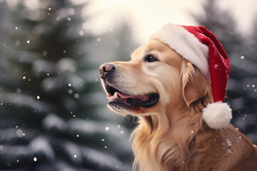 Golden retriever in santa hat outdoors in snow, christmas , happy labrador dog in santa hat - 742898419