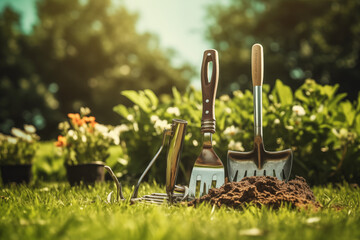 Gardening - Set Of Tools For Gardener And Flowerpots In Sunny Garden On the grass  - 742898432