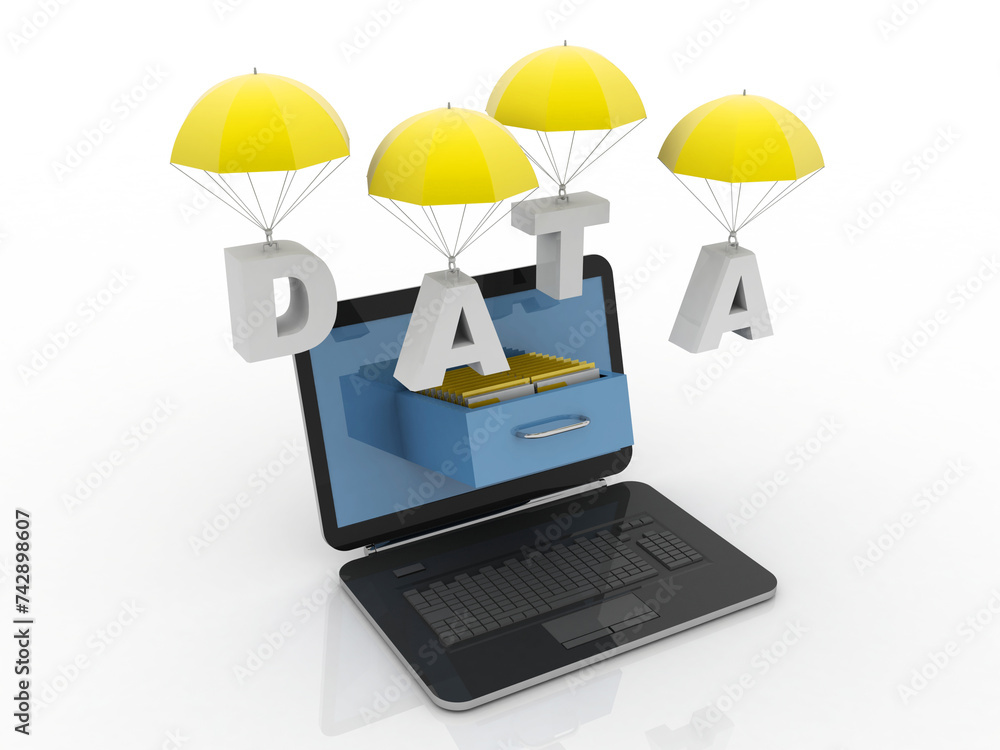 Poster 3d rendering folder in laptop protected umbrella