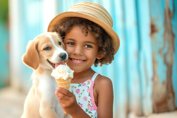 Cheerful Curly-Haired Girl Sharing a Sweet Ice Cream Cone with Her Puppy dog on a Sunny Day