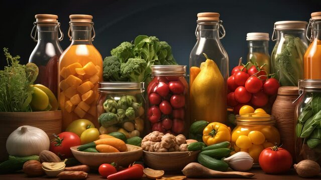 Video animation of variety of fresh vegetables, fruits, and bottled juices arranged aesthetically against a dark background