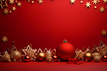 Christmas composition. Christmas red decorations, fir tree branches on red background, copy space