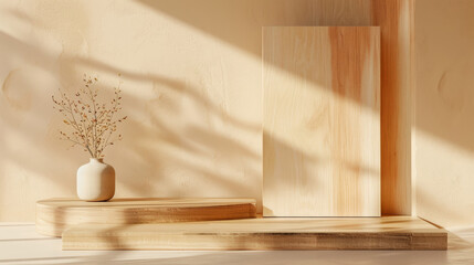 empty table wooden  podium on beige background with shadow tropical leaves, Empty or blank minimal wooden table counter, wooden podium background for product presentation