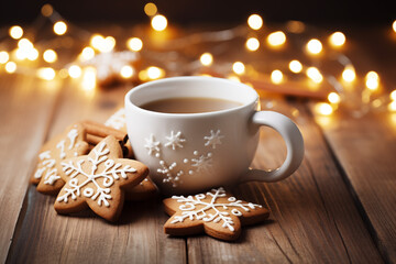 Freshly baked Christmas cookies near black coffee in a mug on a wooden background  - 742899886